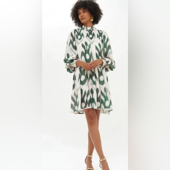 Oliphant Smocked Neck Mini Dress in Chitka Forest Green Cream NEW Balloon Sleeve - Picture 1 of 4